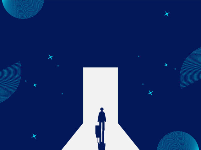 Businessman Start and Steps into Future Door. Moving Forward to New Technology, Blockchain and the Next Layer of the Internet Concepts. Futuristic Tone